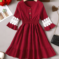 Girl's V Neck Pleated Puffy Dress Hollow Out Long Sleeve