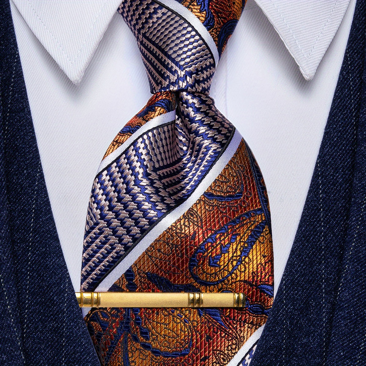 Striped Silk Necktie & Tie Clip Set for Wedding Party