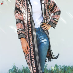  Boho Hooded Cardigan Women's Colorblock Fringe Trim Open Front