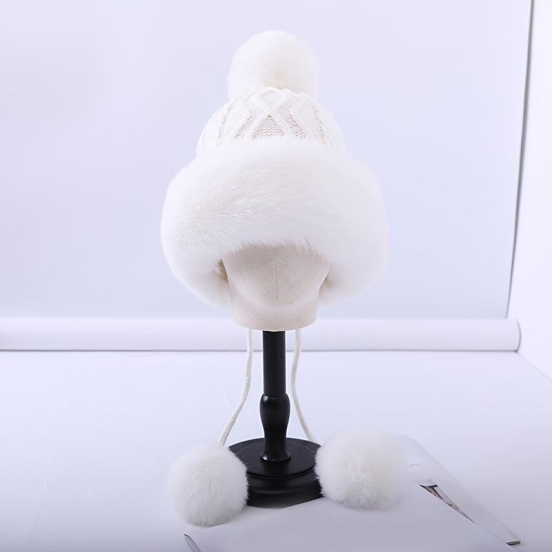 Fur Beanie Hat With Pom Pom Fuzzy Trapper Hat Ears Warm Knit Cap