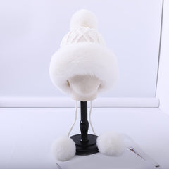Fur Beanie Hat With Pom Pom Fuzzy Trapper Hat Ears Warm Knit Cap