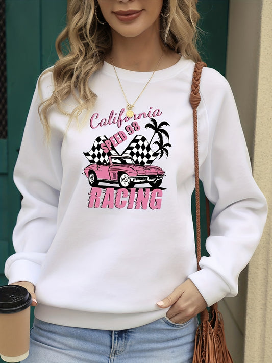 California Racing Print Crew Neck Sweatshirt for Women
