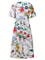 Floral Print Round Neck Dress Casual Pocket Short Sleeve Beach