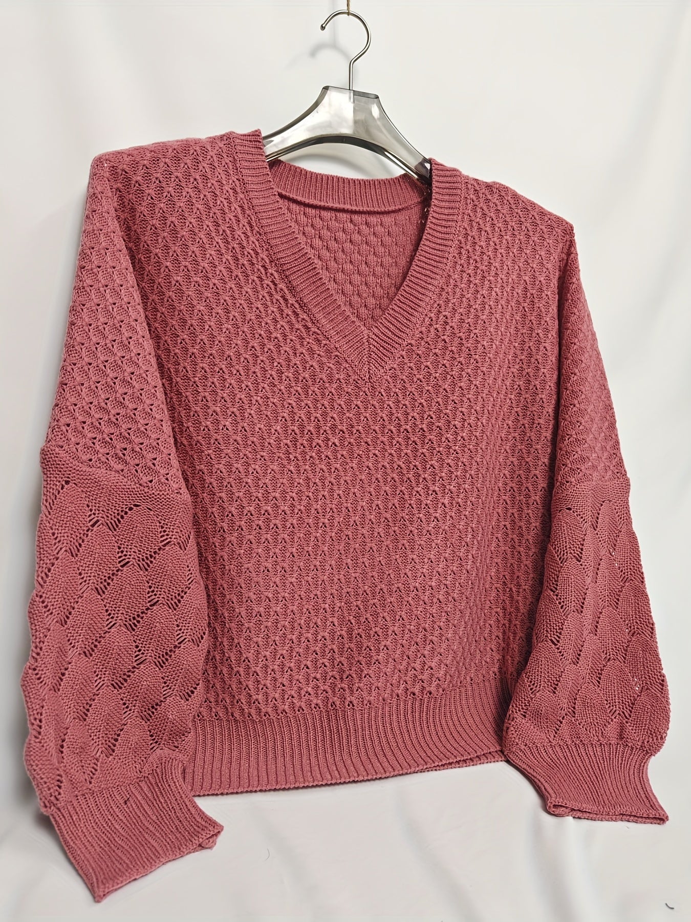  Lantern Sleeve Eyelet Embroidered V Neck Sweater