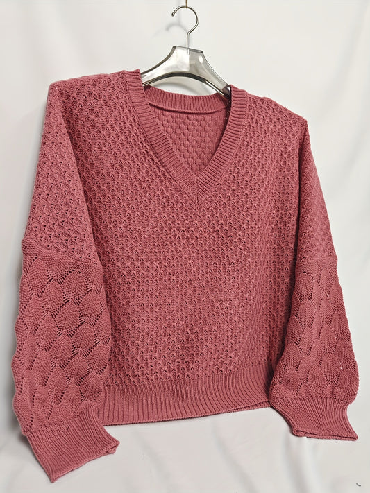  Lantern Sleeve Eyelet Embroidered V Neck Sweater