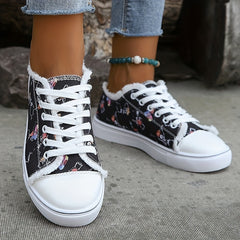 Women's Skull Print Lace Up Canvas Sneakers Lightweight Halloween Shoes