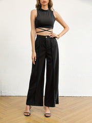 Solid Slim Two piece Set Tie Back Mock Neck Top & High Waist Wide Leg Pants