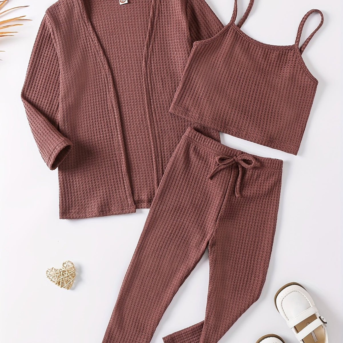 Girl's Waffle Pattern 2pcs Cami Top & Cardigan & Pants Set