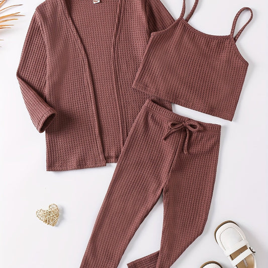 Girl's Waffle Pattern 2pcs Cami Top & Cardigan & Pants Set