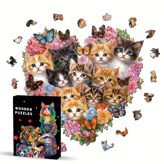 Heart Shaped Floral Kitten Family Wooden Puzzle