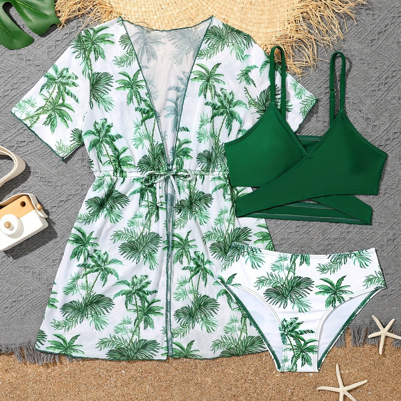 Girls Cover Up Jacket & Bikini Set - Leaves Allover Print - Summer Vacation