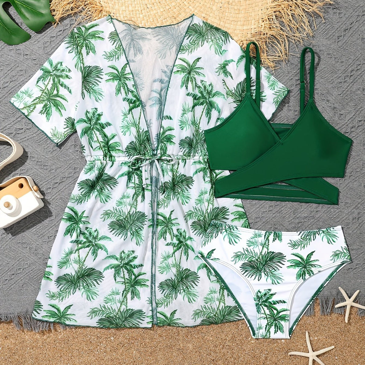 Girls Cover Up Jacket & Bikini Set - Leaves Allover Print - Summer Vacation