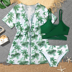 Girls Cover Up Jacket & Bikini Set - Leaves Allover Print - Summer Vacation