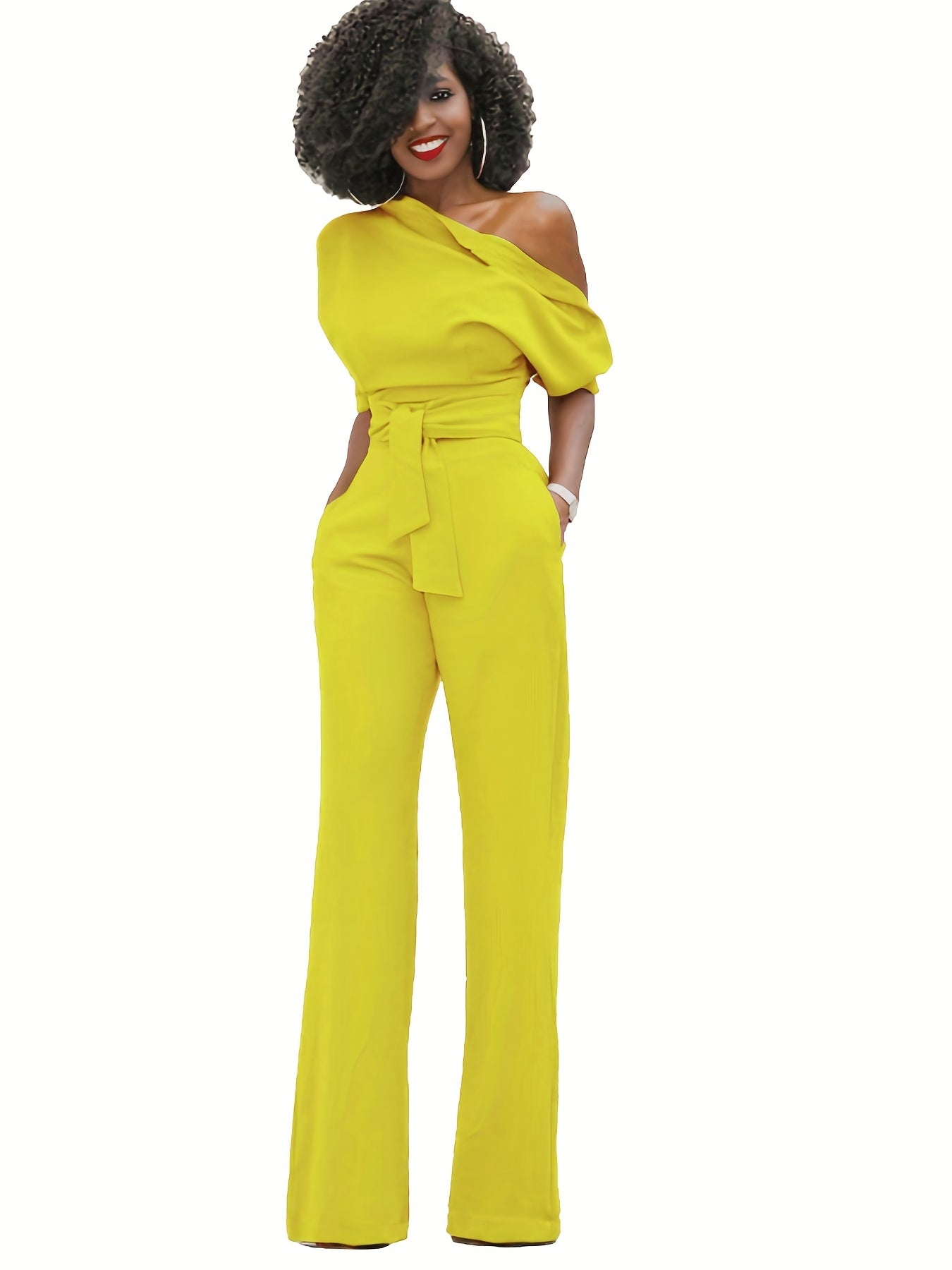 Slanted Shoulder Wide Leg Jumpsuit High Waist Casual