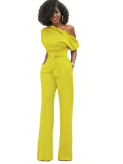 Slanted Shoulder Wide Leg Jumpsuit High Waist Casual