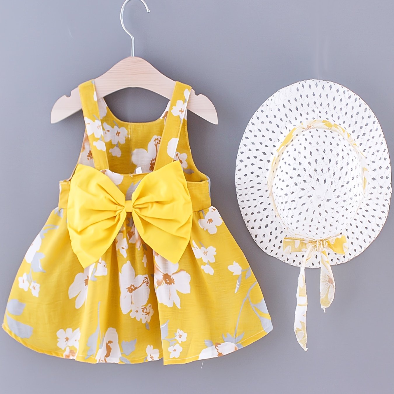 Baby Girls Sleeveless Flowers Print Beach Dress With Hat
