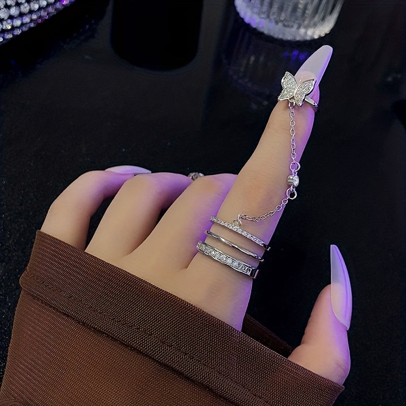 Butterfly Chain Open Ring Rhinestone Jewelry Y2K