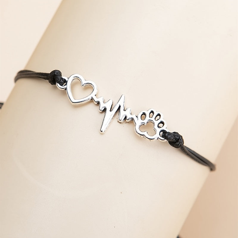 Dog Paw & Love Heart Bracelet Adjustable Rope Hand Jewelry
