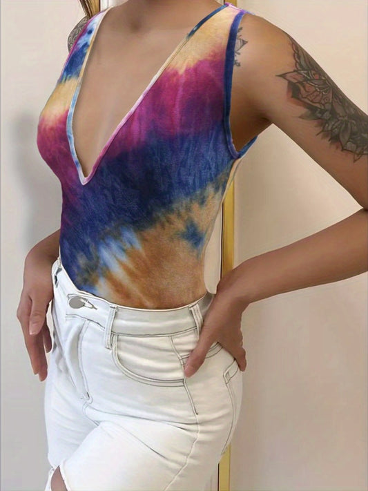 Colorful Tie Dye Plunging Tank Top Sleeveless Summer Clothing
