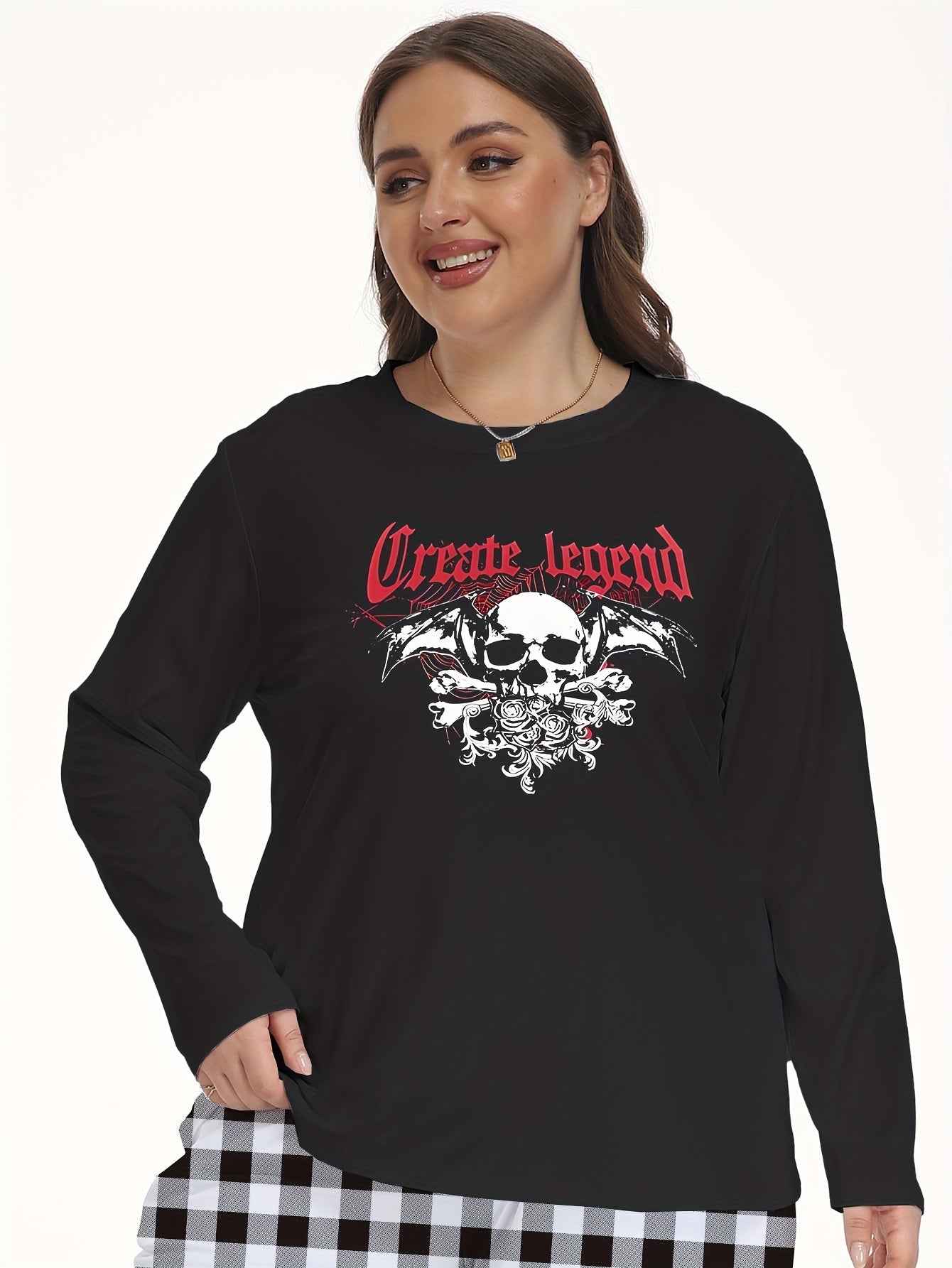  Gothic Bat Skull & Spider Web Print Long Sleeve Pajama Top