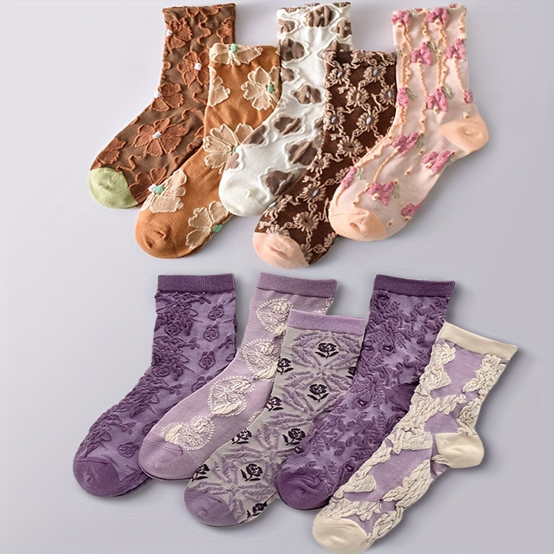 10 Pairs Floral Print Socks Mid Tube Stockings for Women