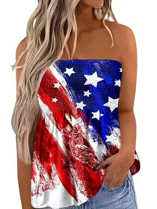 American Flag Print Tube Top Smocked Sleeveless Casual Top