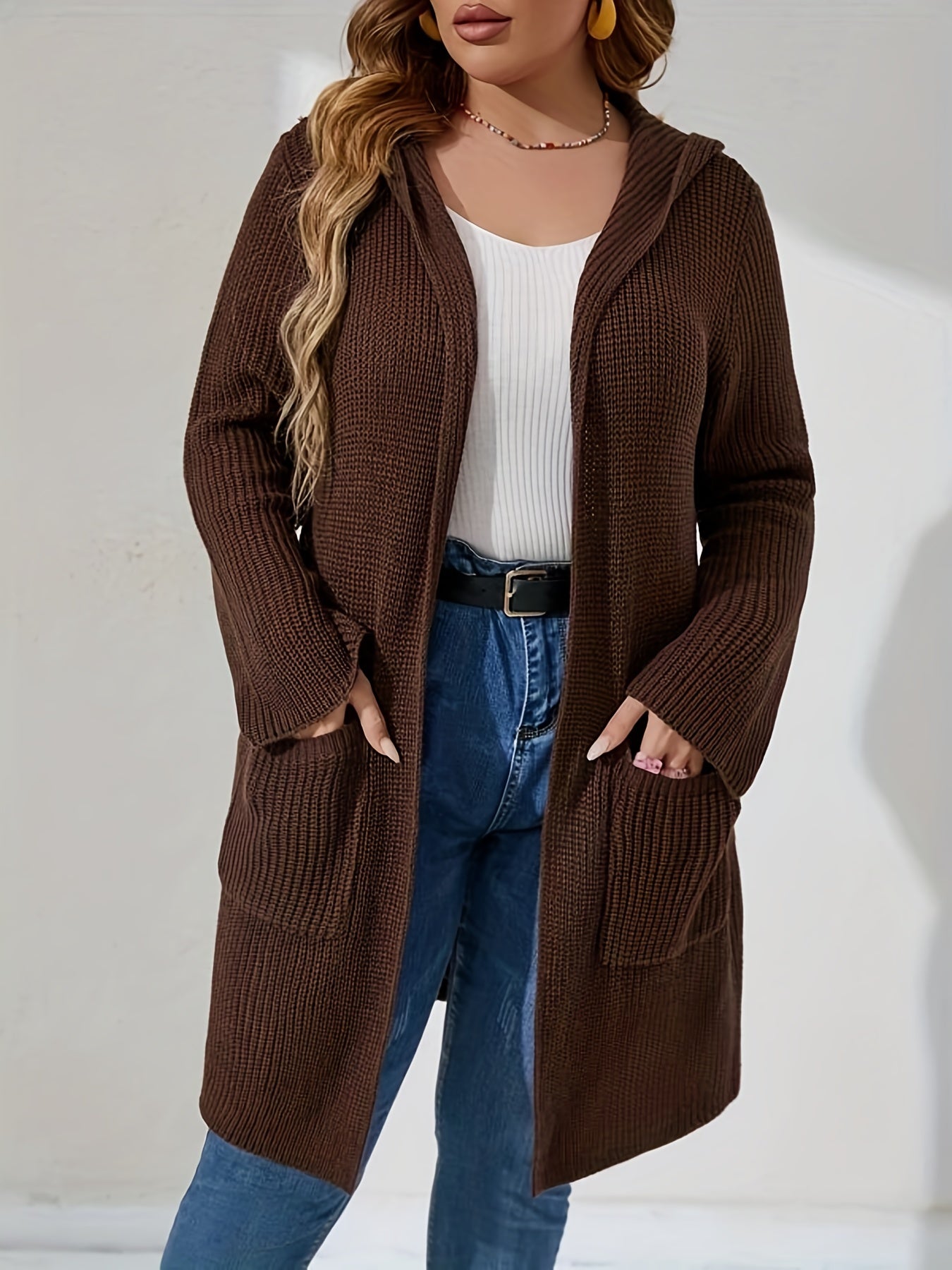  Knit Hooded Overcoat Cardigan Women's Long Sleeve