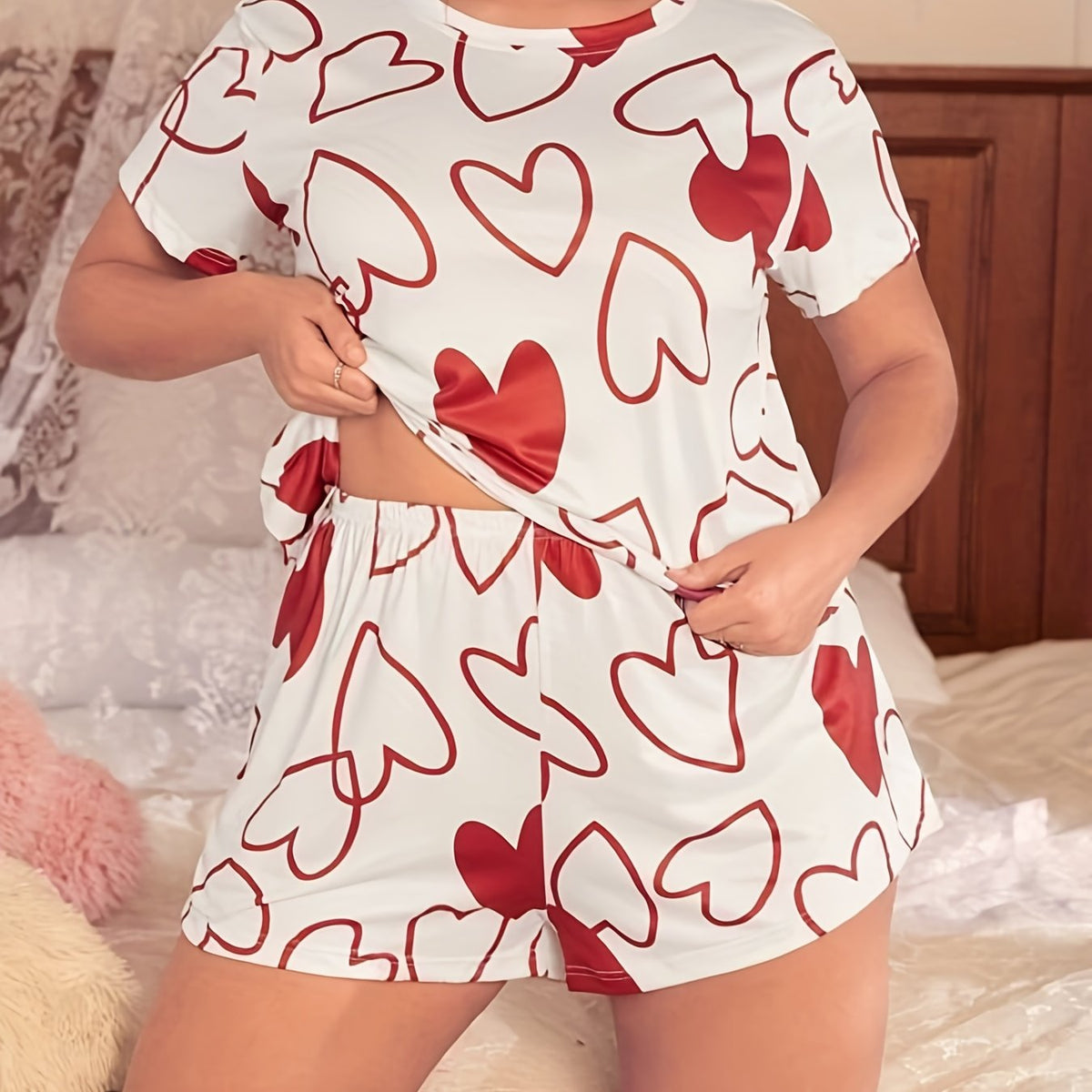  Heart Print Tee & Shorts Set