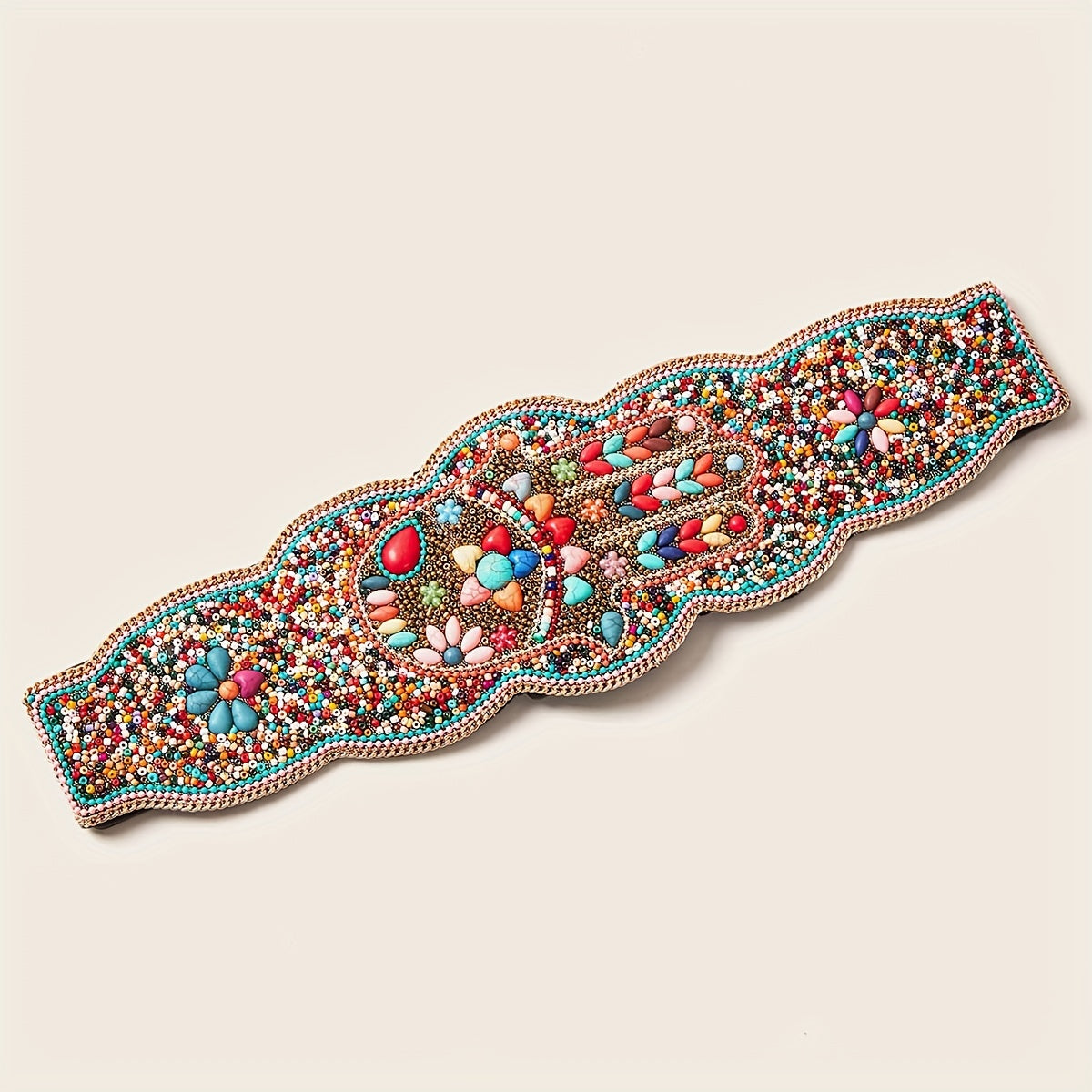 Bohemian Turquoise Beads Wide Belt Palm Pattern Belts Vintage Irregular Edge
