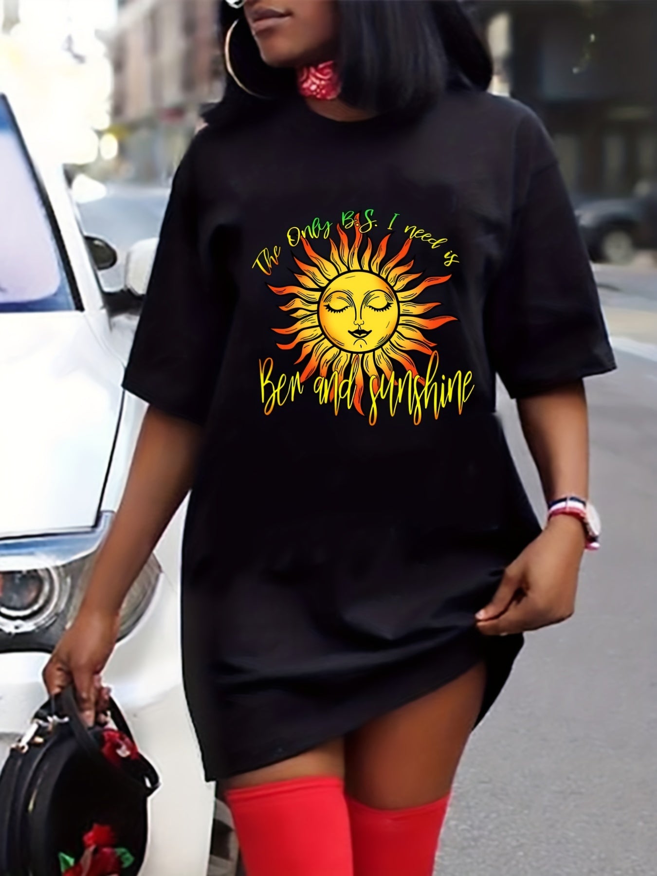  Casual Dress Women's Plus Sun & Letter Print Short Sleeve