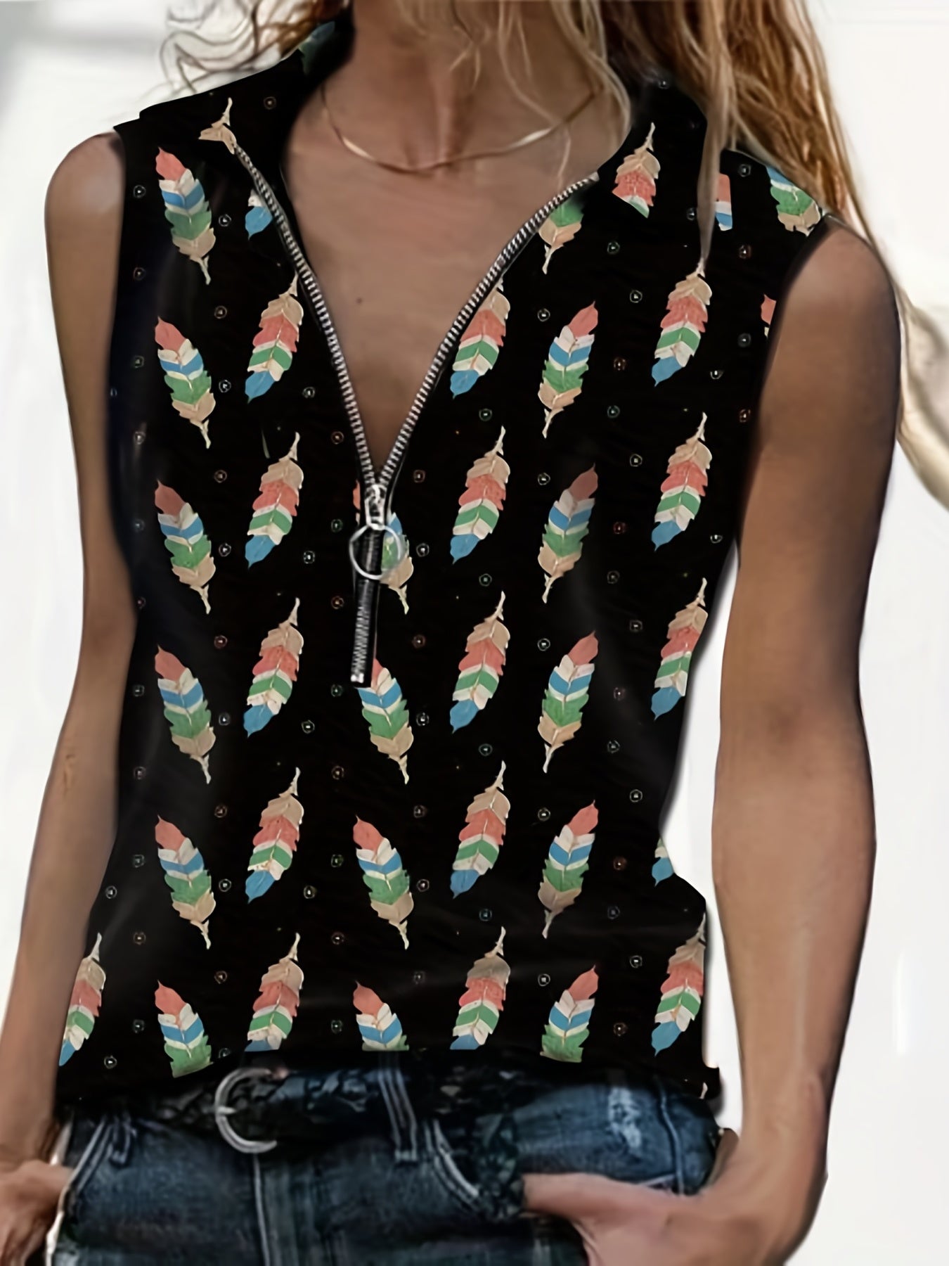 Feather Print Zipper Tank Top Women's Sleeveless Summer Casual Tank Top