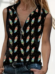 Feather Print Zipper Tank Top Women's Sleeveless Summer Casual Tank Top
