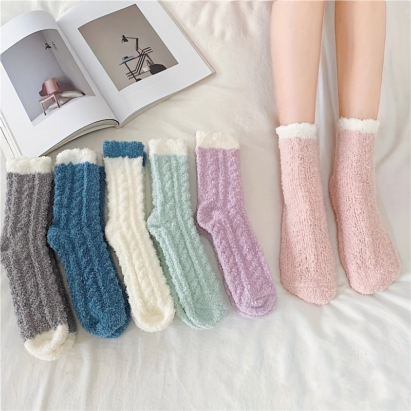 6 Pairs Fuzzy Socks Colorblock Warm Mid Tube Women's Stockings & Hosiery