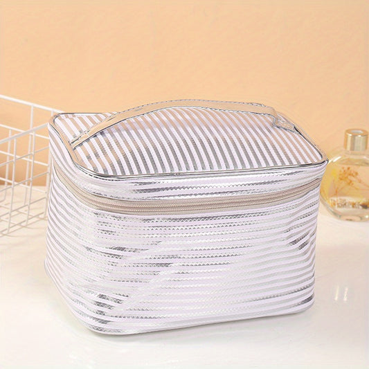 Stripe Printed Glossy Cosmetic Bag Waterproof Makeup Handbag