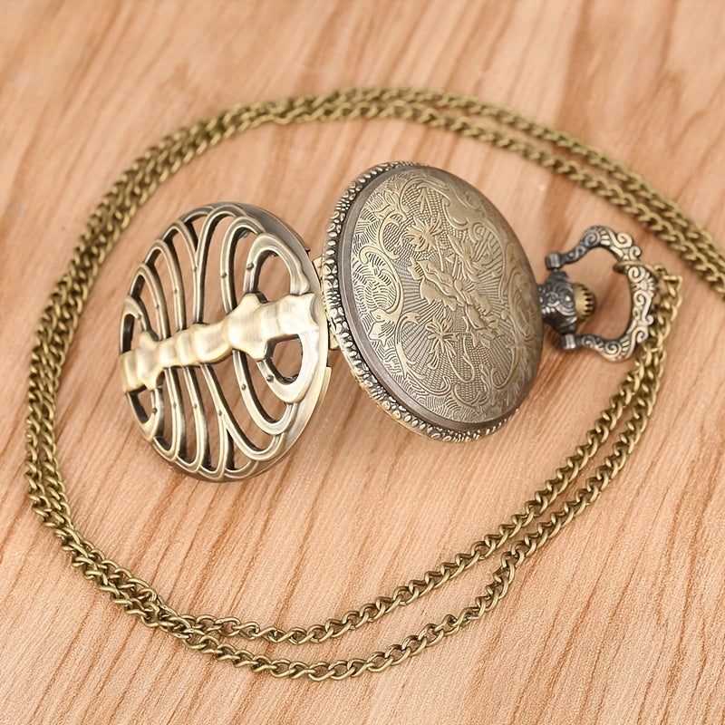 Vintage Hollow Skeleton Pocket Watch Large Dial Quartz Thin Chain Men
