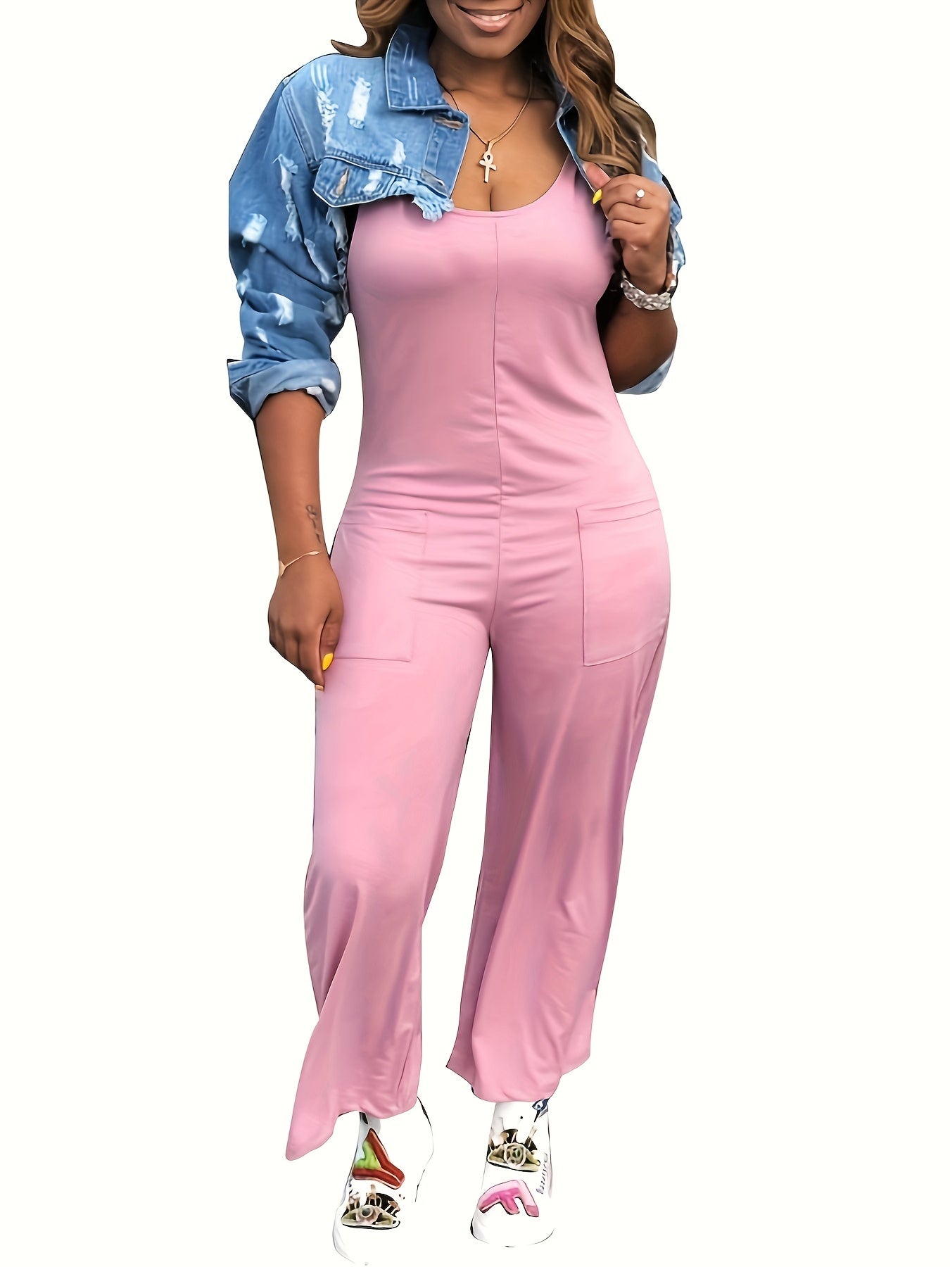 Solid Sleeveless Jumpsuit Casual Wide Leg Jumpsuit