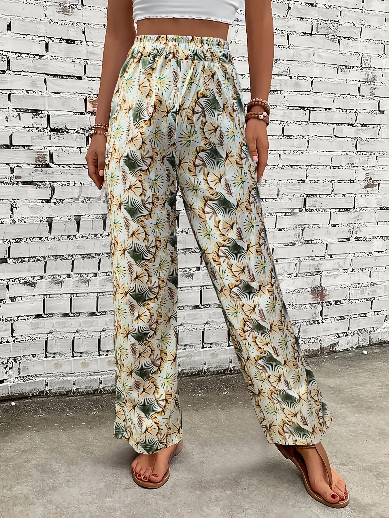 Boho Wide Leg Pants Women's Plus Size Elastic High Rise Trousers