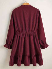  Solid Corduroy Flounce Button Up A line Mini Dress