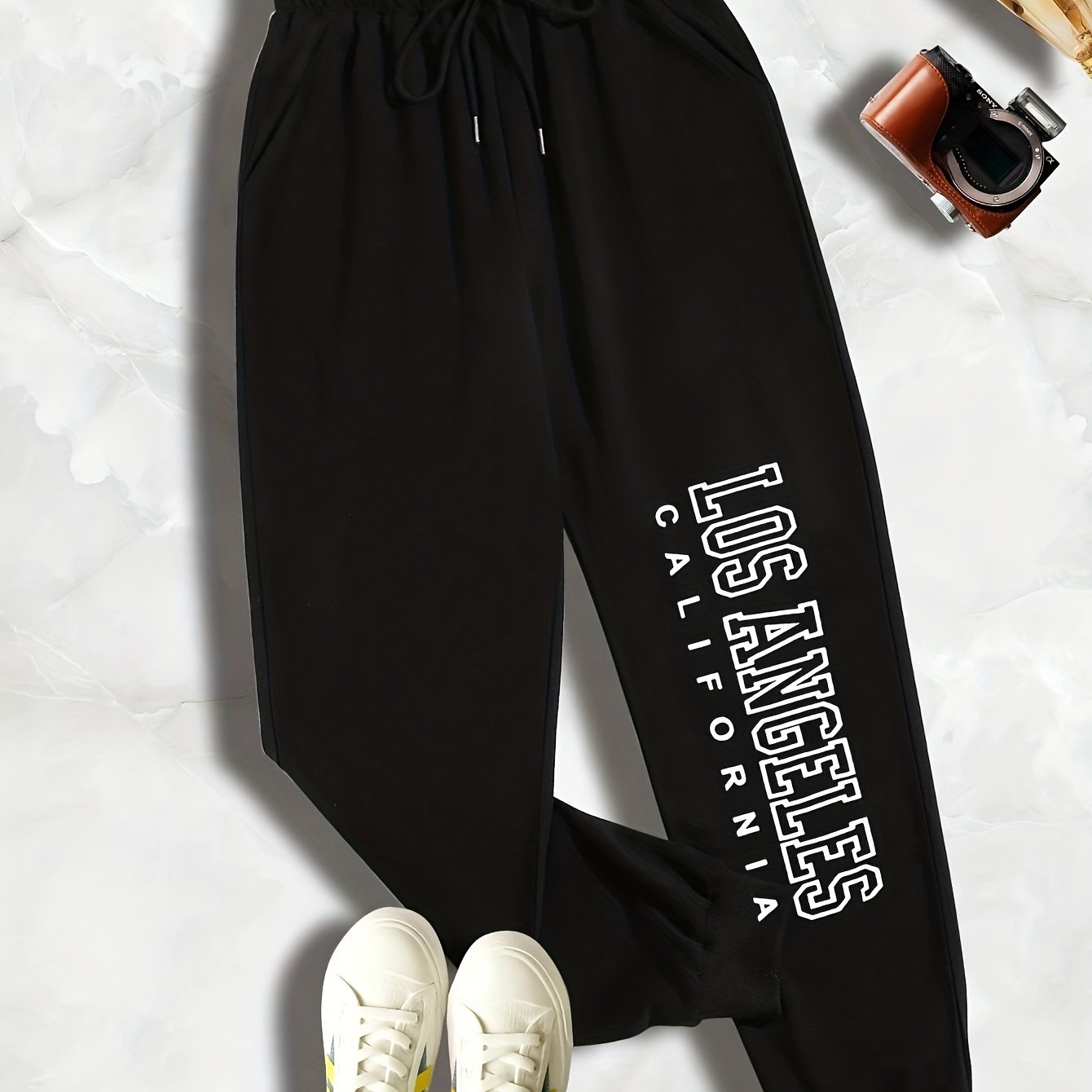  Letter Print Drawstring Sweatpants Women's Plus Slight Stretch
