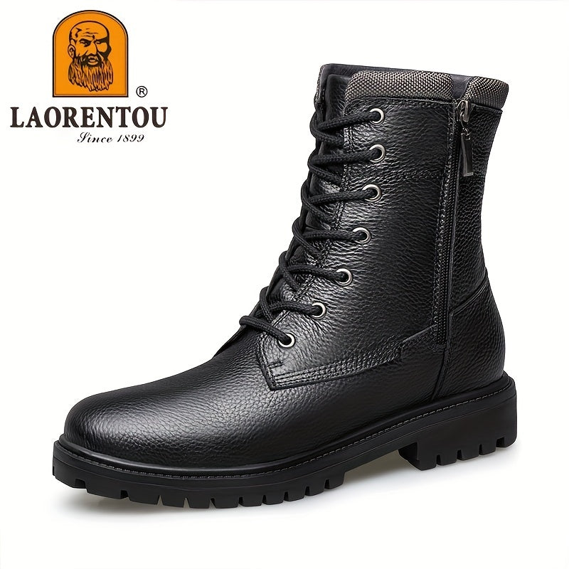 Men's Lace Up Service Boots with Side Zipper Casual Leather Walking Shoes