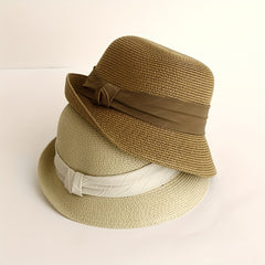 Rolled Brim Straw Fedora Sun Hat Unisex Jazz Cap Solid Color Summer Beach Hats