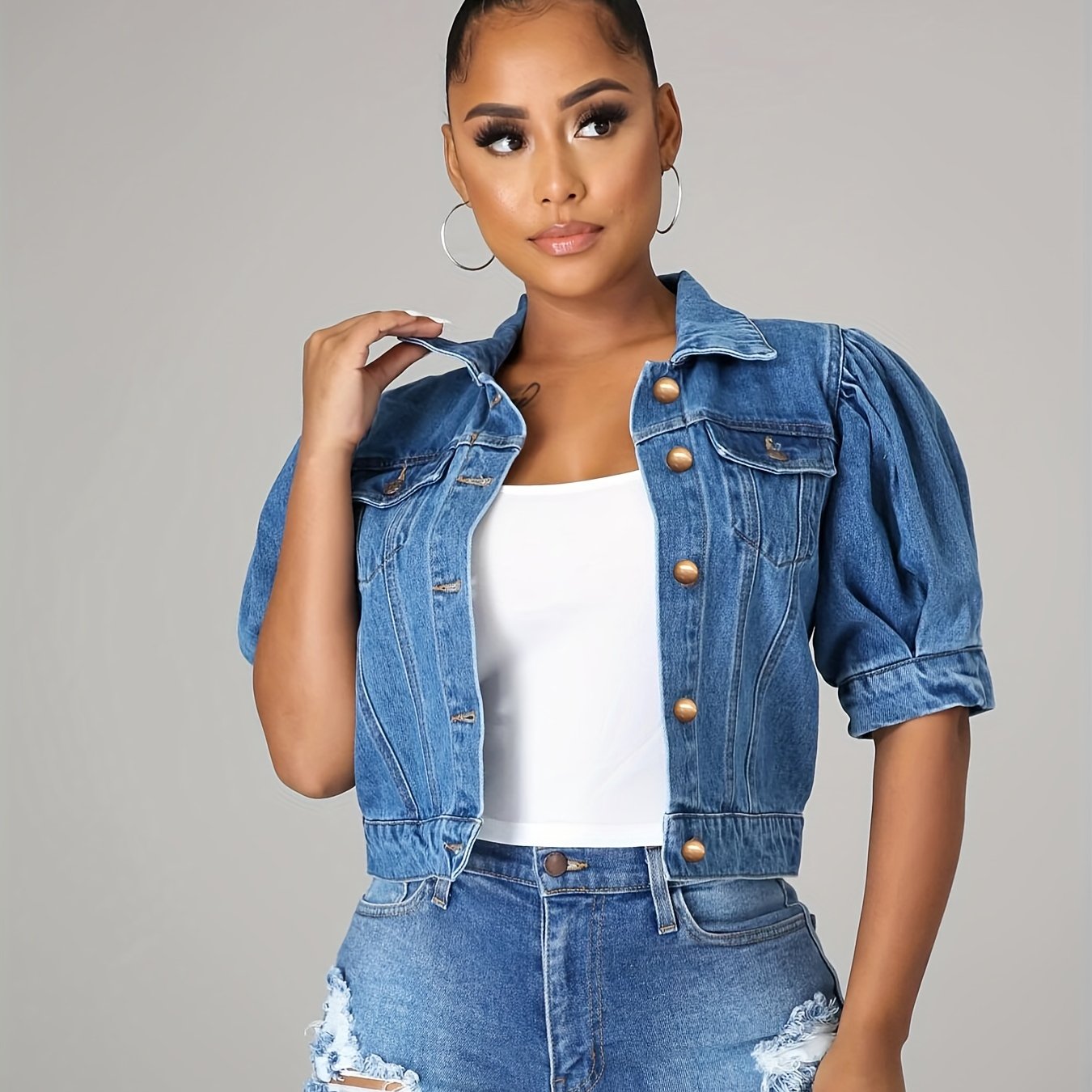Short Sleeves Denim Jacket with Flap Pockets