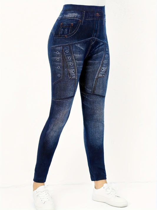 Faux Denim Print Sports Leggings Stretchy Fitness Yoga Pants Women's Activewear