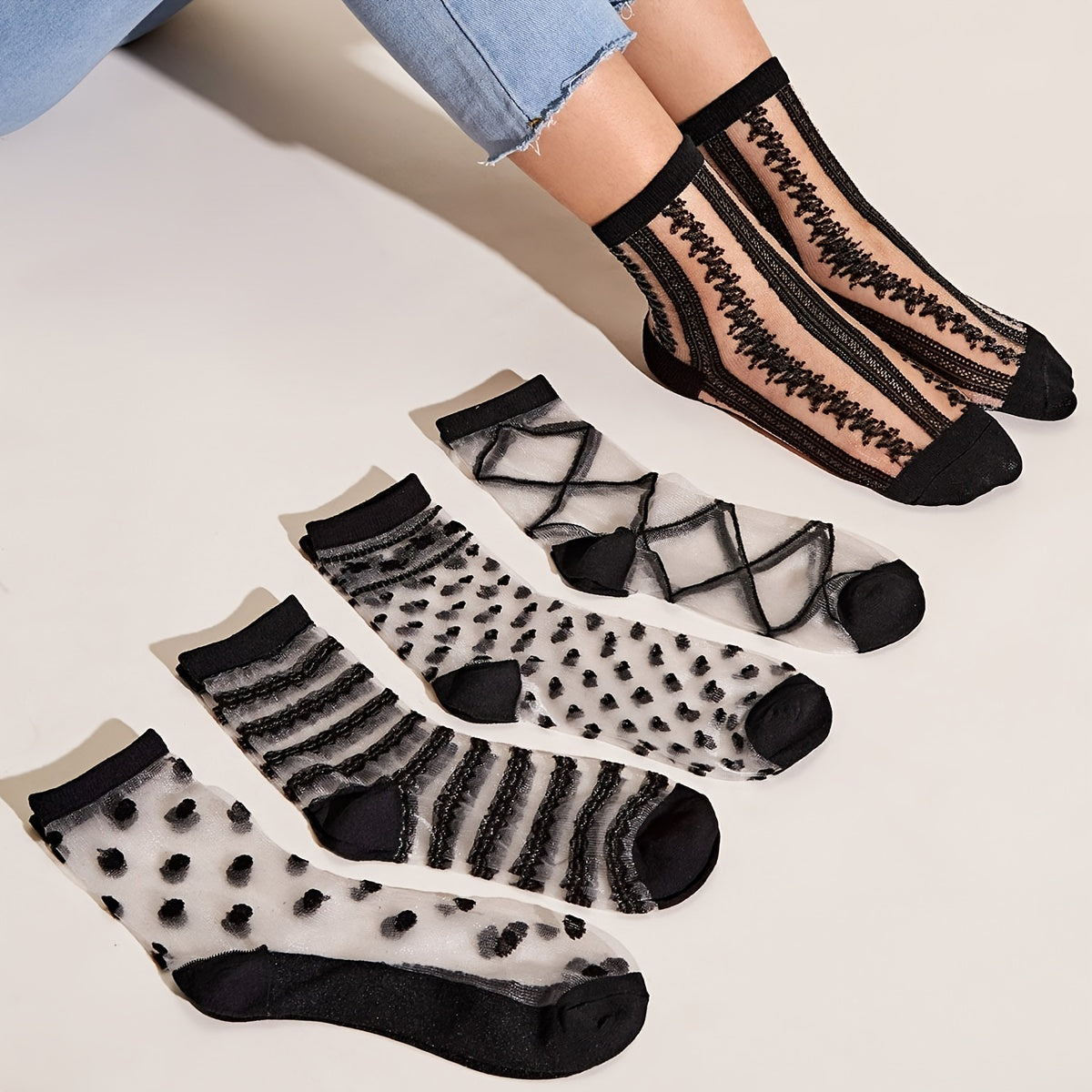 5 Pairs Lace Crew Socks & Comfortable Mesh Stockings Women's Socks