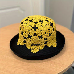 Flower Hollow Knitted Sun Hat Bucket Hat Foldable Cloche Hats for Women Summer
