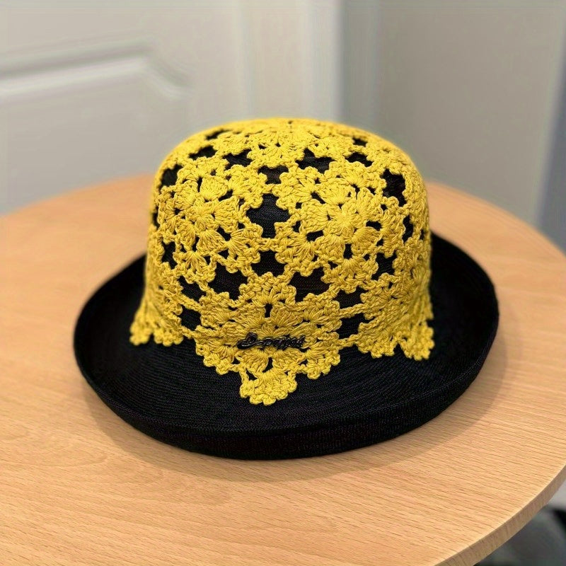Flower Hollow Knitted Sun Hat Bucket Hat Foldable Cloche Hats for Women Summer