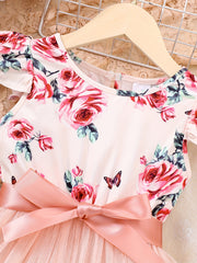 Girls Flower Sleeveless Ruffled Mesh Princess Dress With Belt