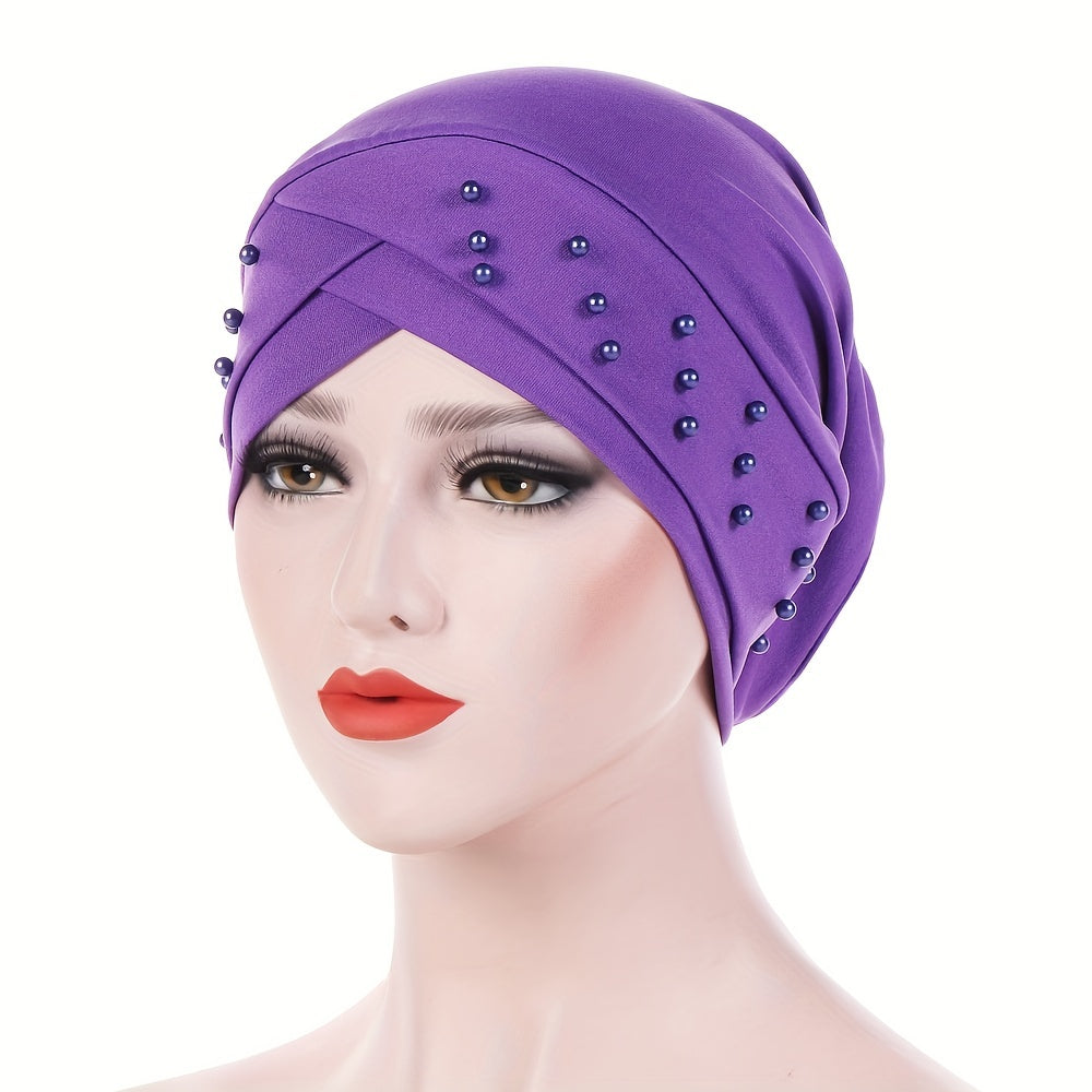 Baggy Beanie Cap Turban Headwrap Solid Beads Decor Headscarf Ramadan