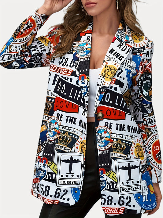 Funny Graphic Print Blazer Casual Lapel Long Sleeve Blazer