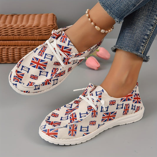 Women's Flag Pattern Boat Shoes Lace Up Slip on Canvas Shoes